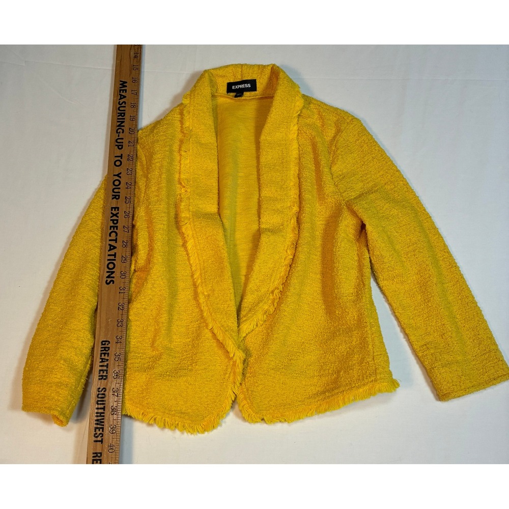Express Womens Yellow Boucle Fringed Open‎ Front Blazer Jacket Small